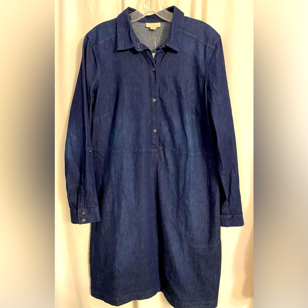 J Jill Denim Dark Wash Chambray Style Roll Tab Sleeve Knee Length Button Dress S